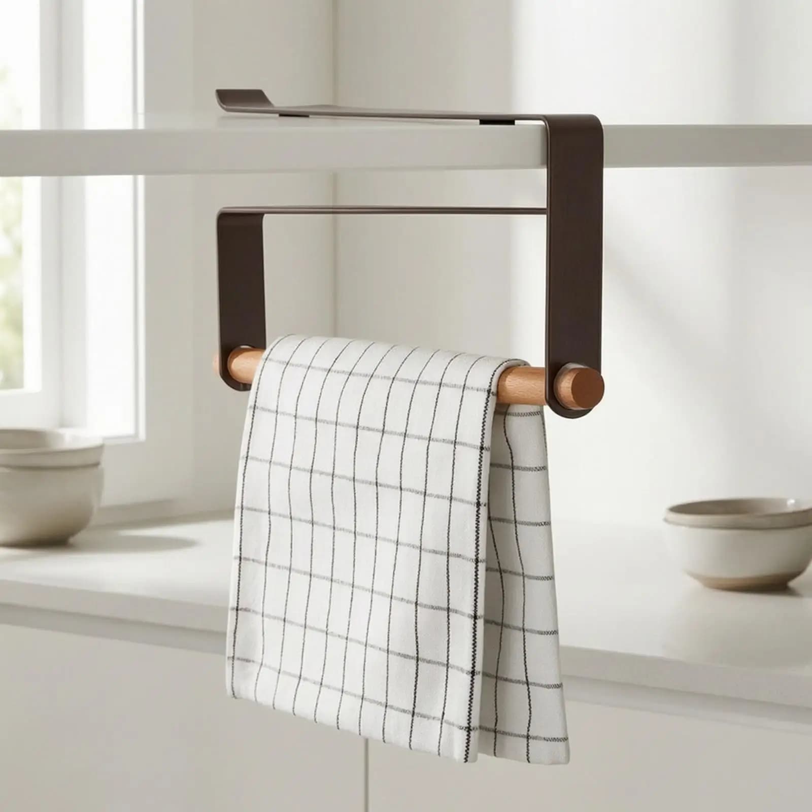 Hanging Towel Rack for Kitchen Cabinet Door with Wooden Bar Carbon Steel Frame for Laundry Cloth Storage