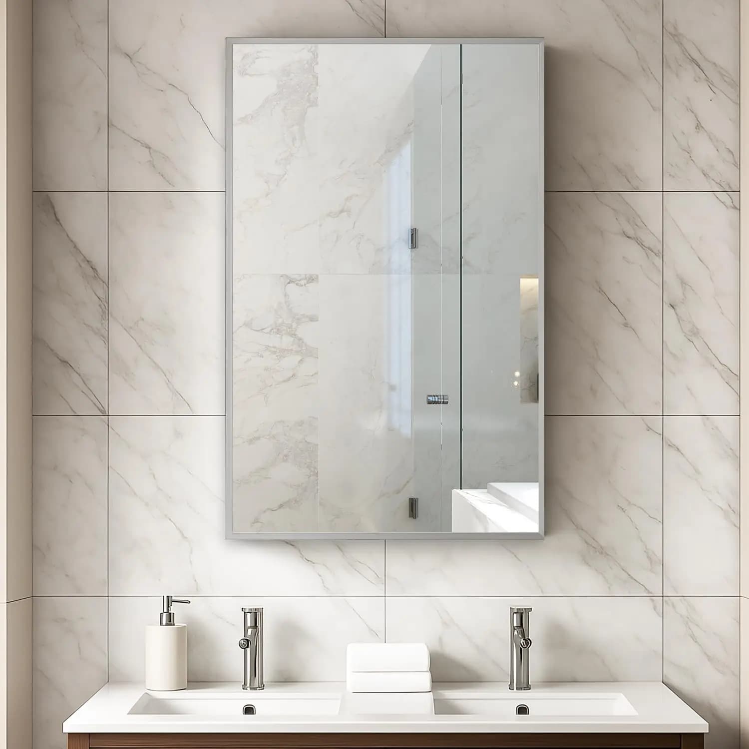 Armadietto a Specchio in Alluminio da 15 Pollici, Montaggio a Parete Incassato, Ripiani in Vetro da 8mm, Anti-Ossidazione, per Bagno, Personalizzabile