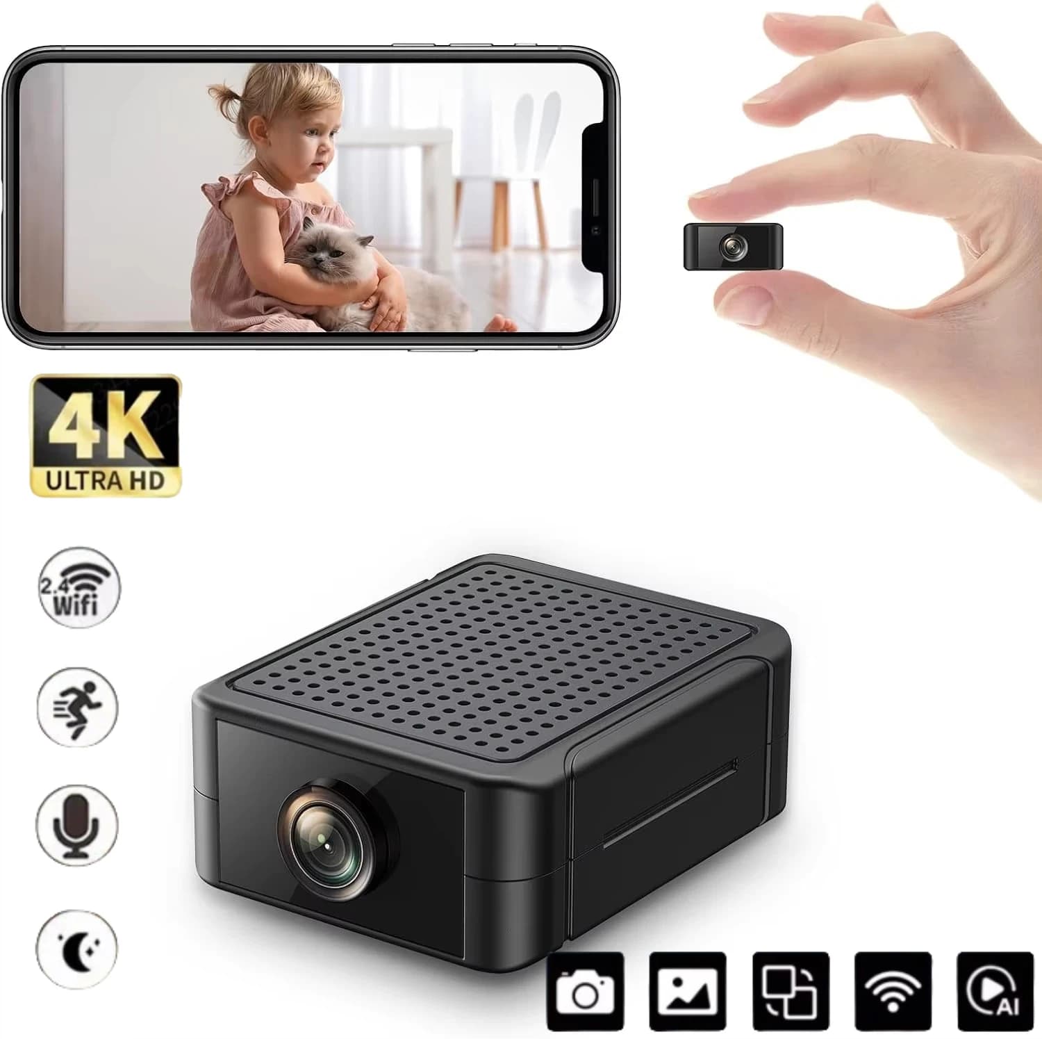 Mini telecamera di sicurezza 4K per interni Visione notturna Batteria 4H Avvisi di rilevamento del movimento WIFI Archiviazione SD/Cloud Controllo app per telefono Baby Cam