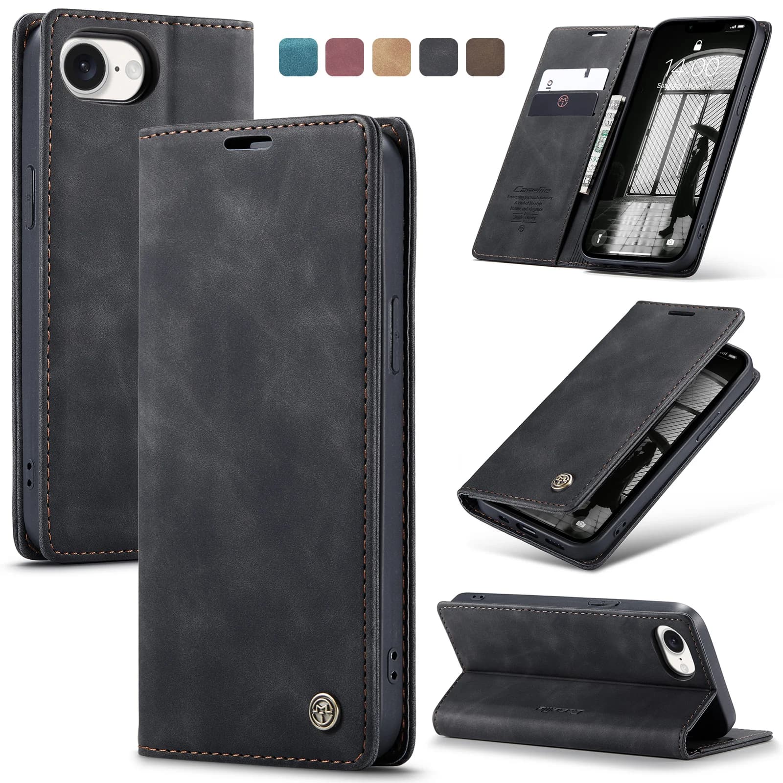 Custodia Premium per iPhone 17e 16e in similpelle con funzione flip, protezione RFID, porta carte magnetico e supporto integrato