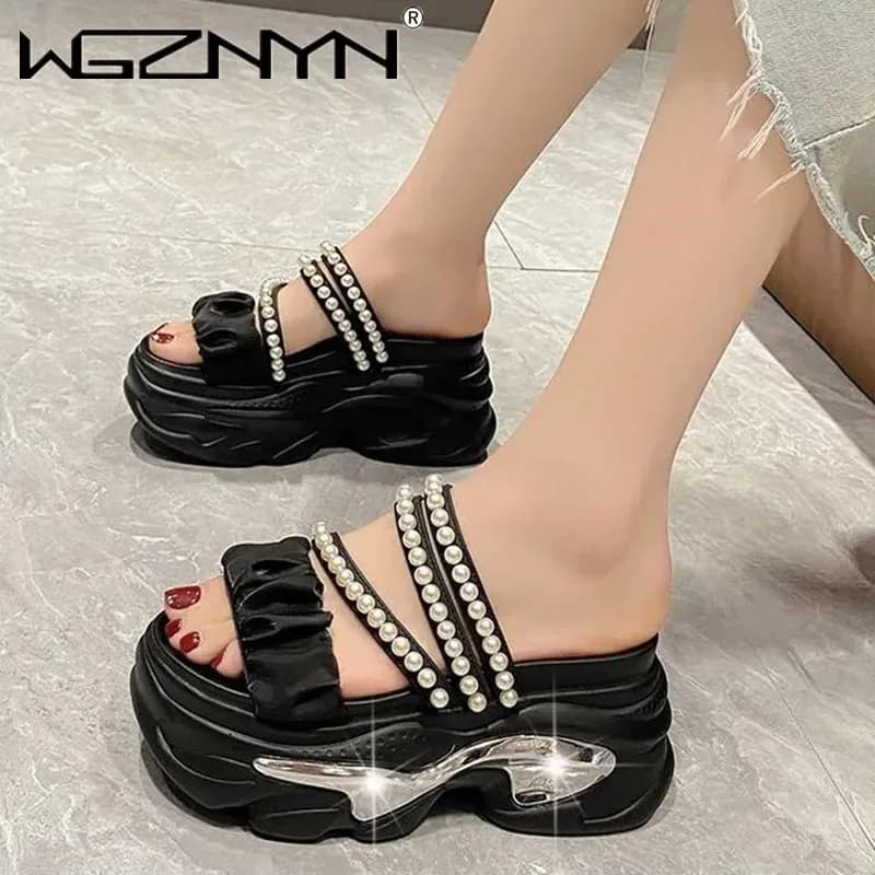 Sandali estivi con plateau Bling donna zeppe traspiranti tacchi alti pantofole da spiaggia con perline da donna scarpe grosse Sandalias Mujer