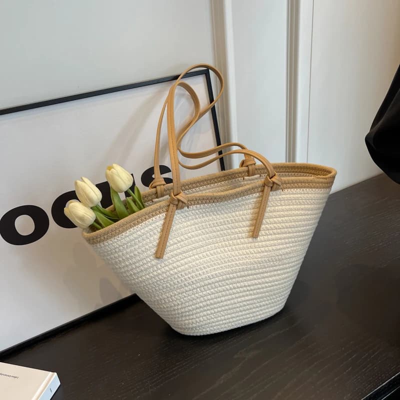 Straw Solid Color Zipper Large Capacity Casual Tote 2026 Summer New High Quality Bags Seaside Beach Vacation Shoulder Bags