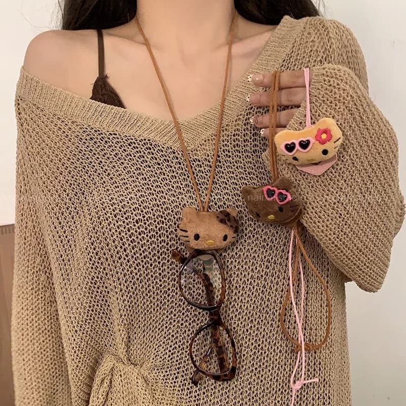Hello Kitty 3d Plush Doll Eyeglass Lanyard Fashion Accessories Cute Glasses Lanyard Chain Black Skin Kt Y2k Decor Girls Gifts