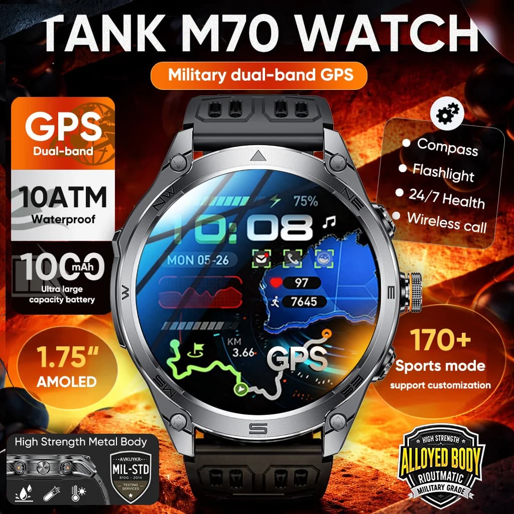 Nuovo Smartwatch Militare TANK M70 2026 con GPS Dual-band AGPS, Impermeabile 10ATM, Batteria 1000mAh, Bussola, Display AMOLED da 1.75'', 170+ Modalità Sportive, per Uomo