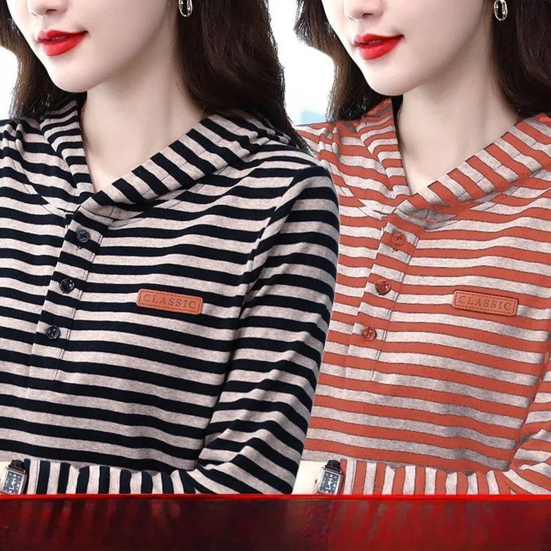 T-shirt a maniche lunghe a righe da donna, maglia base, top con cappuccio, abbigliamento casual per la mamma, in fibra di poliestere, nuovo stile primavera autunno 2023