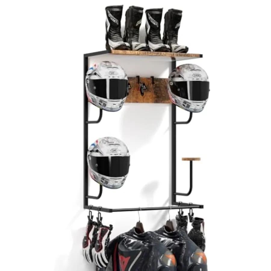 Supporto da Parete per Casco Moto con 4 Ganci per Guanti - Organizzatore Universale Rustico per Caschi da Bici