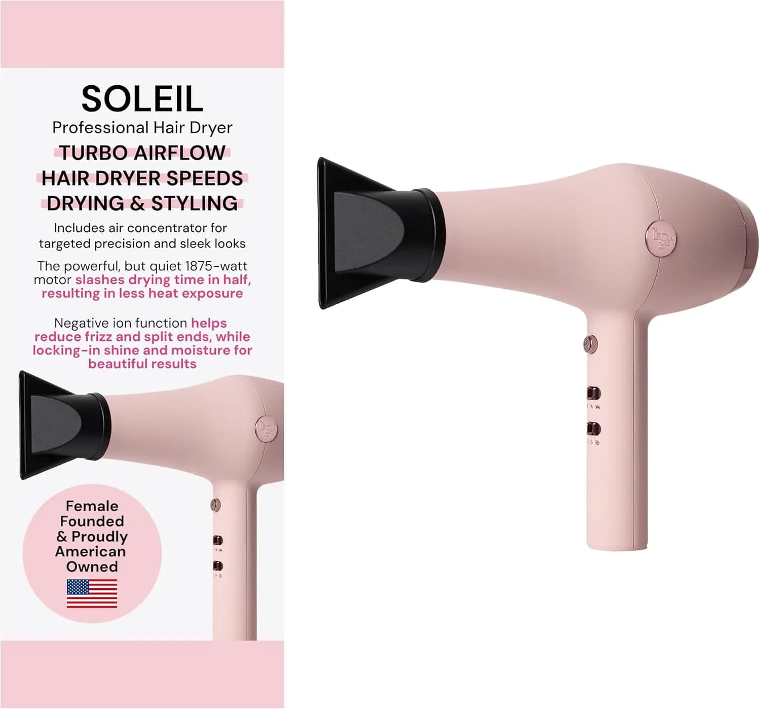 Professional Ionic Hair Dryer for Growless Results, 3 Heat Settings with Cool Shot Function, Light 1875W Pink