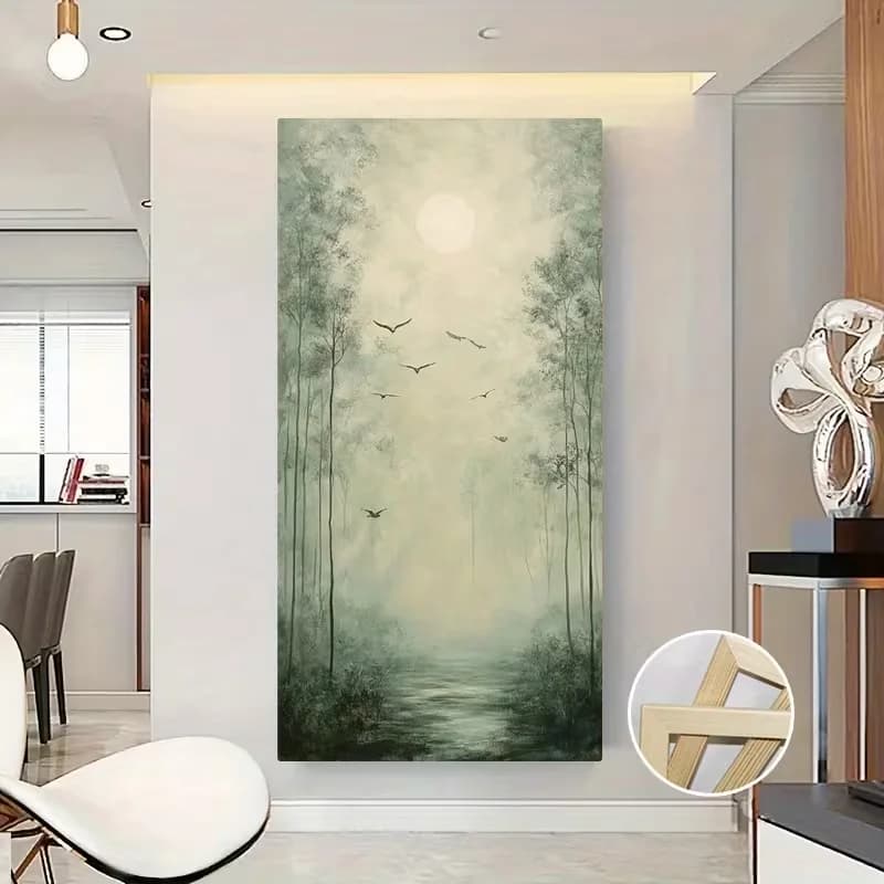 1pc No Framed Sun Large Wall Art, Forest Large Wall Art, Birds Art Prints, Silence Vertical Canvas Wall Art Print, Mist Vertical