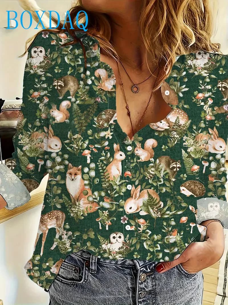 Women's Fashion Long Sleeve Lapel Shirt Spring Autumn Plant and Animal Print Button Shirt Casual Office Ladies Shirt Tops Blouse