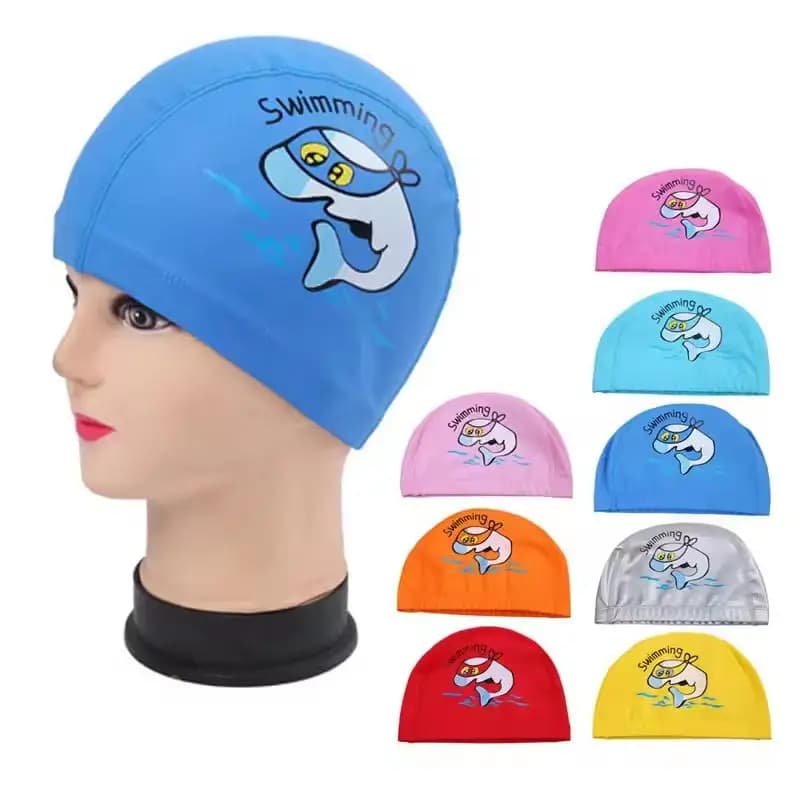 Waterproof PU Fabric Kids Swim Cap Cute Cartoon Dolphin Ear Protection For Long Hair Boys Girls Swimming Pool Use