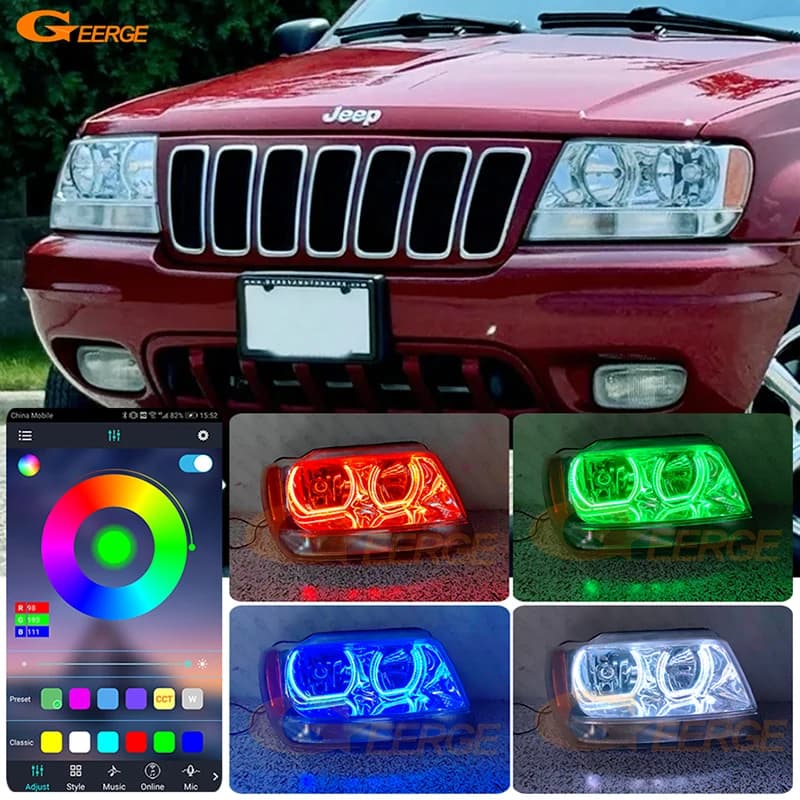 Anelli LED RGB Angel Eyes Stile DTM Multicolore con App Bluetooth per Jeep Grand Cherokee WJ WG 1999-2004