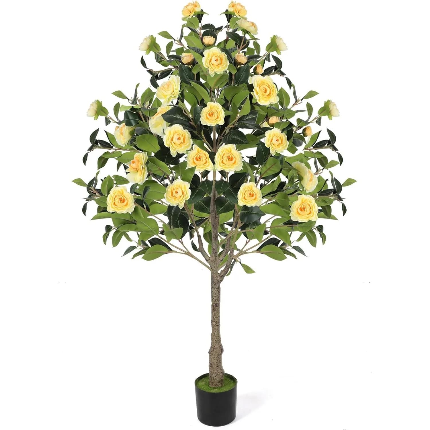 2 pz/1 pz Albero di Camelia Artificiale da 47 Pollici con Fiori Gialli, Albero Finto da 1,2 m Senza Manutenzione, Piante Finte con Fiori