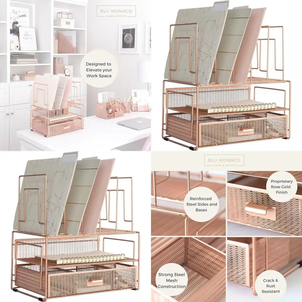 Organizer da scrivania da ufficio in oro rosa con classificatori di file e cassetto portaoggetti per forniture, carta e cartelle