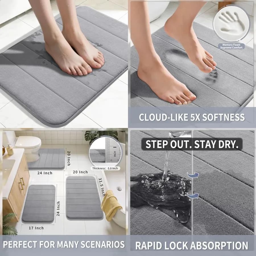 Tappetino da Bagno in Memory Foam, Super Morbido e Assorbente, Antiscivolo, Asciugatura Rapida, Lavabile in Lavatrice, per Vasca, Doccia e Casa