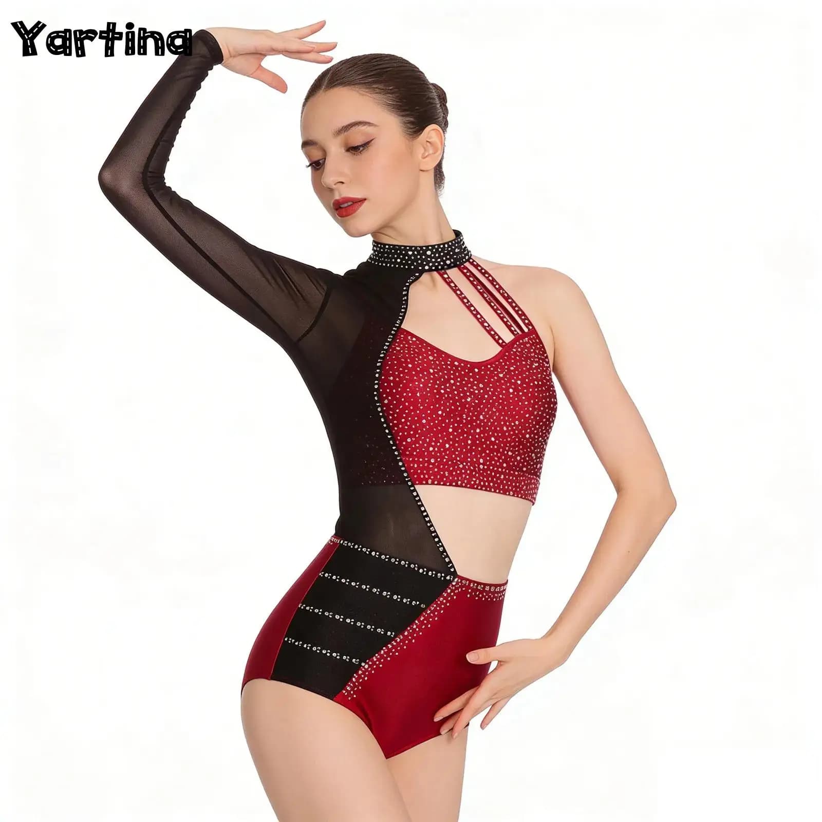 Body da Ginnastica e Danza per Donna, Costume da Spettacolo con Strass, Tuta Traforata per Pattinaggio Artistico e Tango