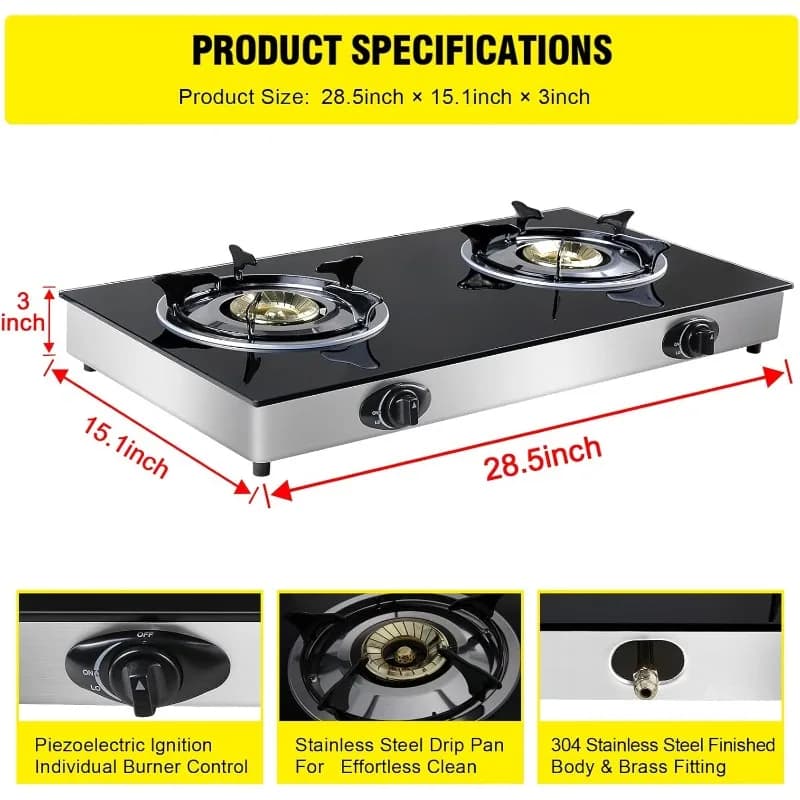 Hot Plate 2 portable tempered glass double fire stove automatic ignition camping double burner GPL for campers, apartments, exterior