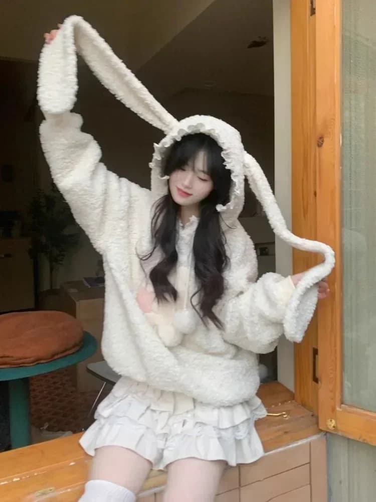 Kawaii Bunny Hoodies Women Sweet Japanese Cutecore Lamb Wool Pullovers Warm Winter Fleece Sweatshirts Loose Soft Girl