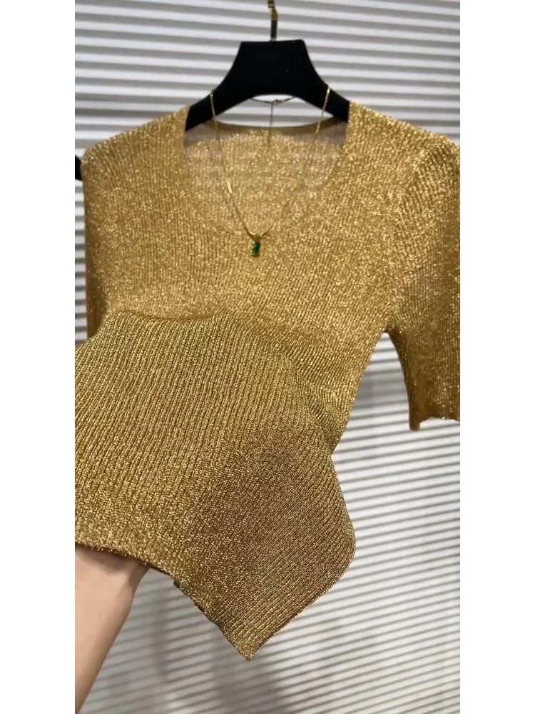 T-shirt dorata a maniche corte da donna 2025 Top estivo lavorato a maglia in seta ghiacciata slim nuovo stile chic