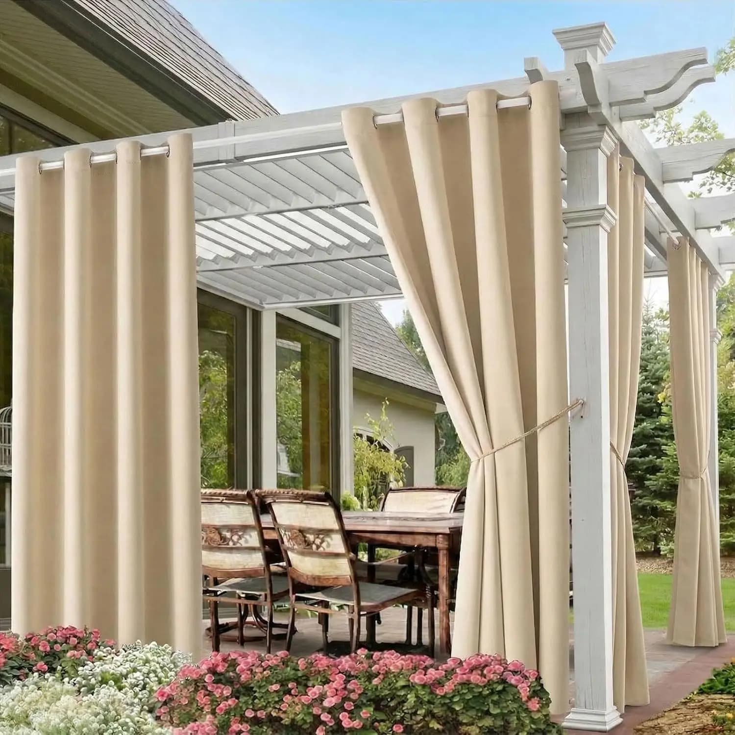 Tende da Esterno Impermeabili con Occhielli, Tende Termoisolanti Lavabili Oscuranti per Patio, Terrazza, Piscina (2 Pannelli)