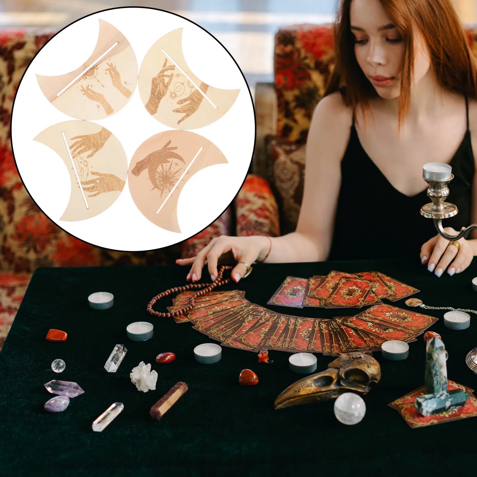 Supporto a Forma di Luna in Legno per Carte dei Tarocchi, Espositore per Carte, Strumento di Divinazione, Porta Tarocchi a Forma di Luna per Casa e Ufficio