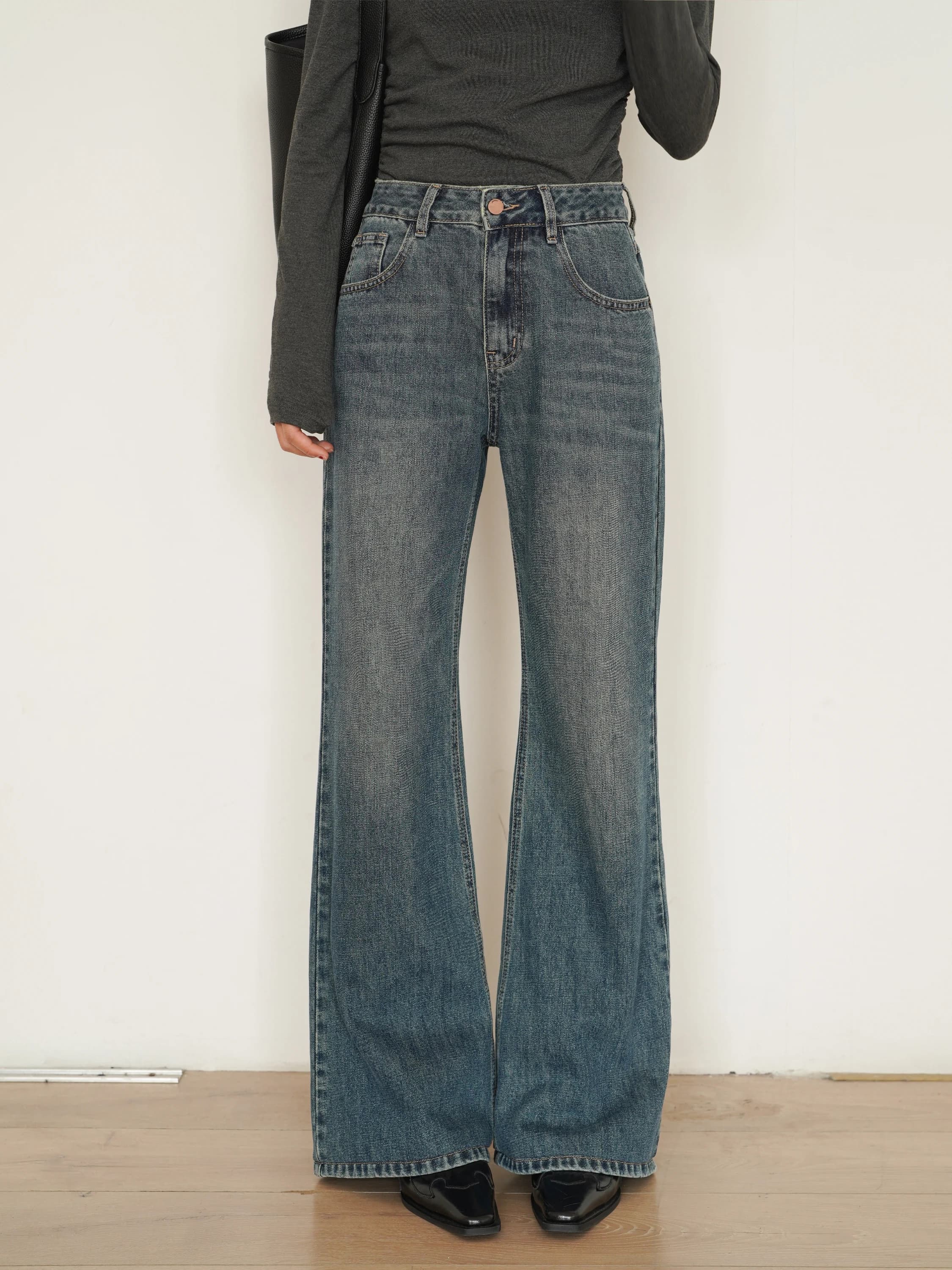 EIGHTHMONTH Blu Bell Bot Jeans a vita alta Donna 2024 Autunno Nuovo Sle Vintage Dimagrante Jeans lunghi Tessuto denim