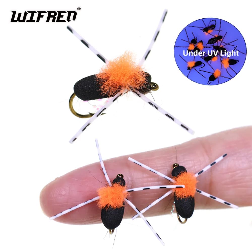 Wifreo 8 pezzi # 10 alta visibilità schiuma scarabeo mosca esche per insetti artificiali gancio spinato terrestre mosca secca trota panfish esche da pesca alla carpa