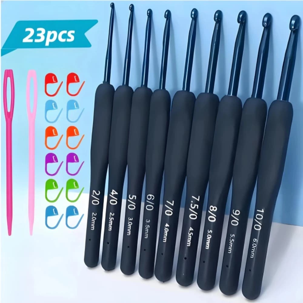 23pcs Ergonomic Crochet Hooks Set Comfort Grip Knitting Needles with Stitch Markers Large Eye Yarn Needles for DIY Craft