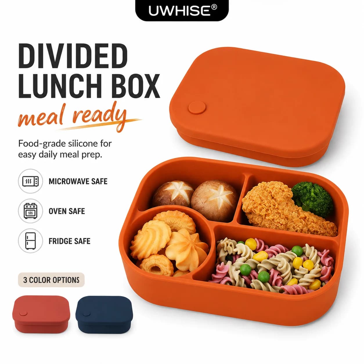 Uwhise Silicone Lunch Box 770ML Bento Box 4 Compartment Food Storage Container Microwave Oven Safe Leakproof Meal Prep