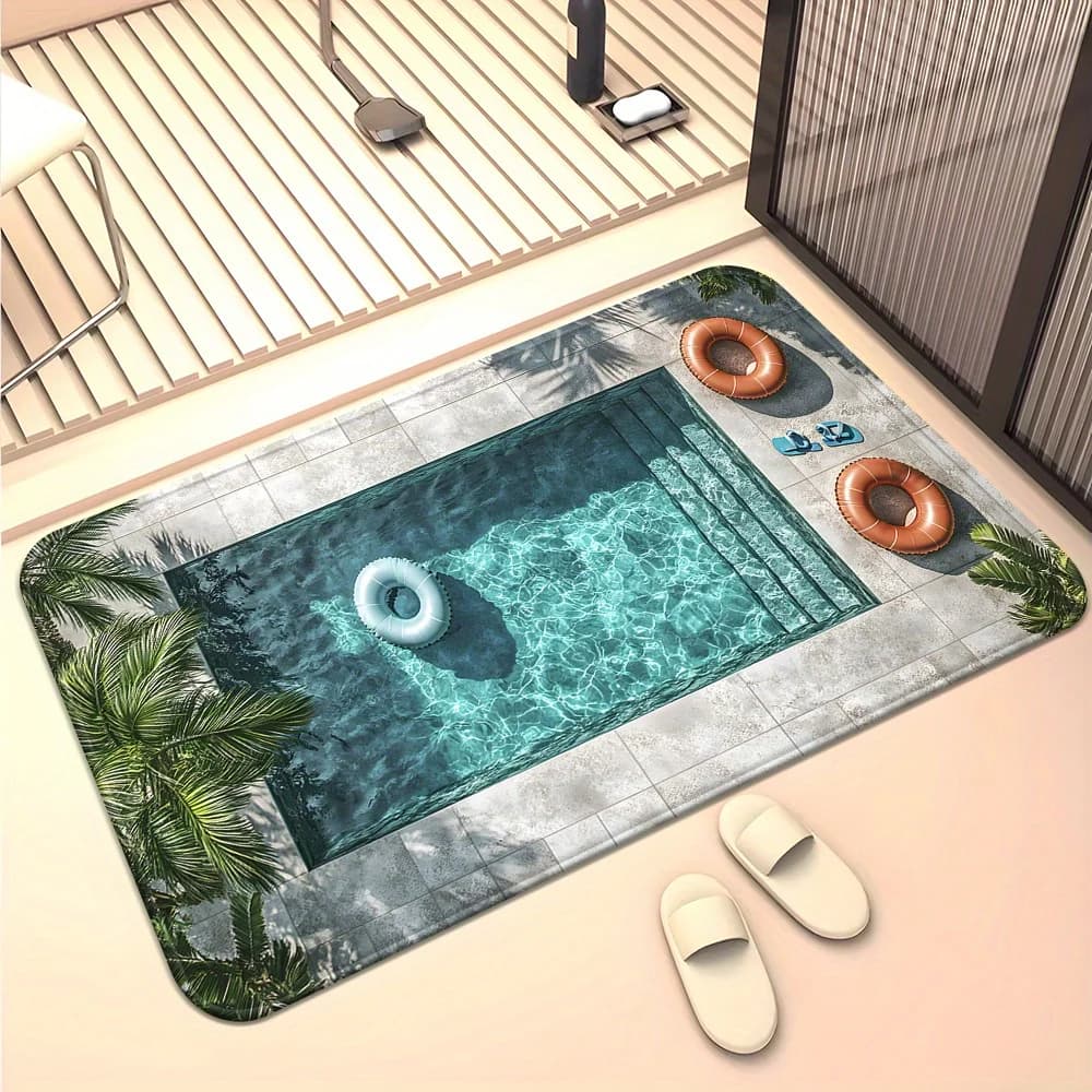 Tappetino illustrativo con scena di piscina - Poliestere con retro in gomma, tappeto decorativo per interni 60×90 cm