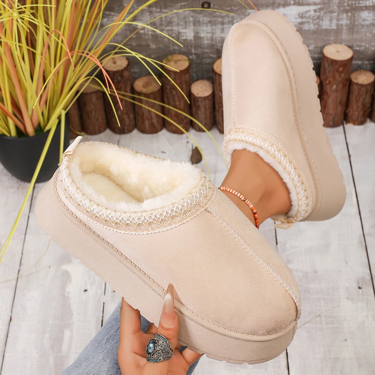 2026 New Snow Boots for Women Winter Cashmere Warm Thick Soles Without Heel-covered Hair Half Slipper Cotton Shoes for Women