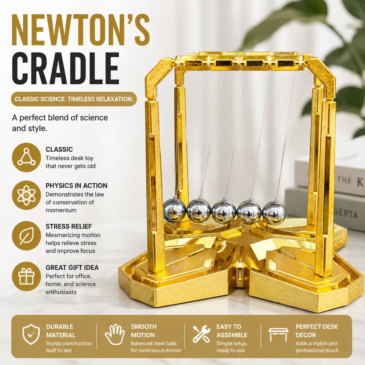 Newton's Cradle Desk Toy Pendulum Balance Balls Stress Relief Physics Swing Toy Decorative Office Desk Decor for Adults Gift