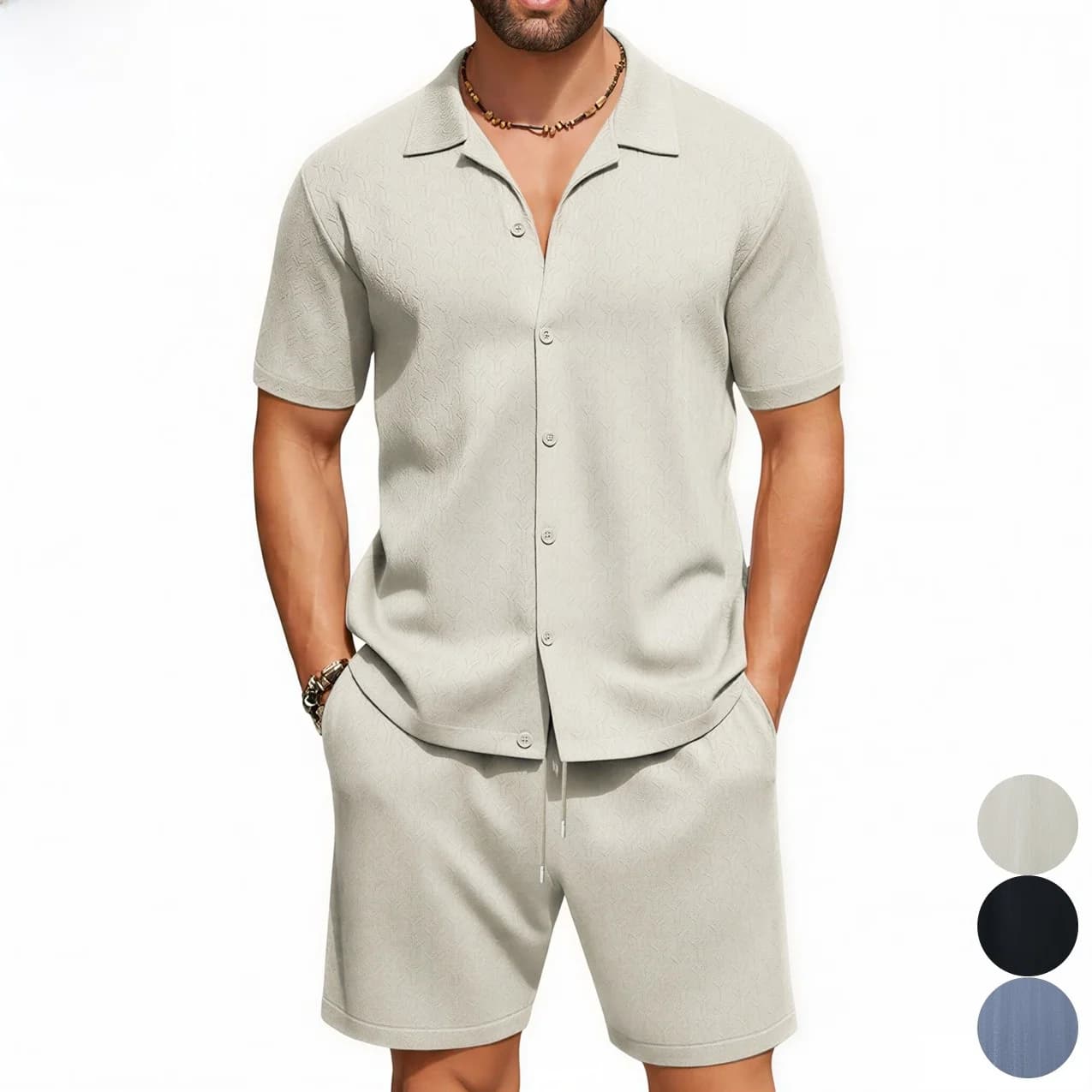 Completo Casual da Uomo con Colletto Cubano, Set Due Pezzi per Casa, Manica Corta in Poliestere, Abbigliamento Sportivo Estivo