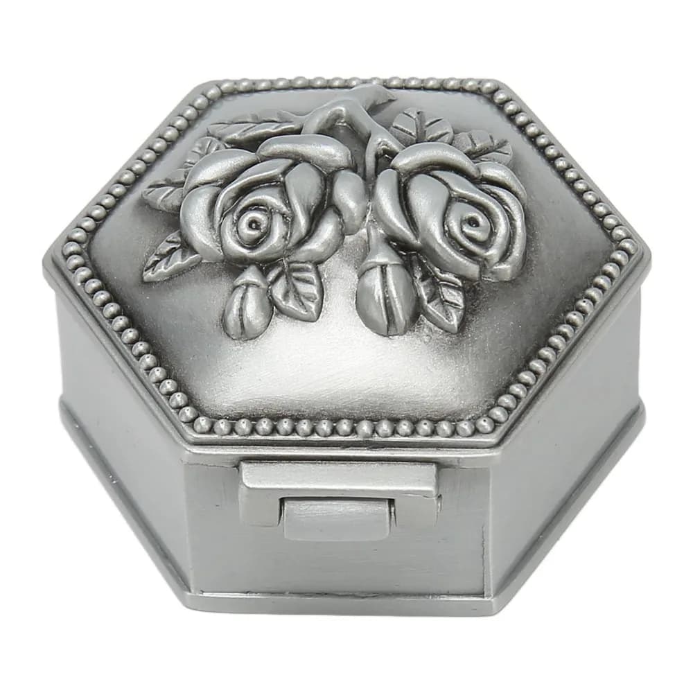 Hexagonal Metal Jewelry Box Zinc Alloy Grey Zinc Alloy Trinket Box Emboss Rose Sexangle Jewelry Storage Box For Rings Earrings