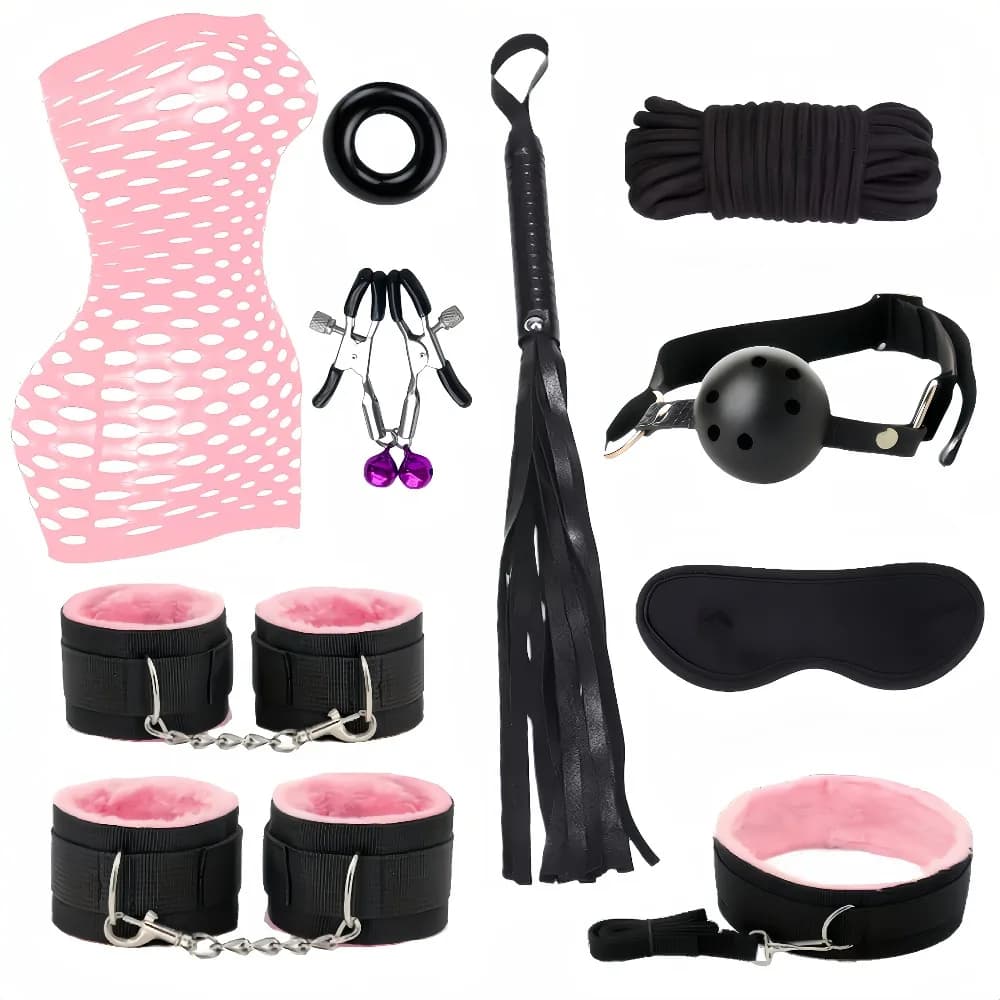 Set romantico di 10 pezzi per giochi di ruolo SM: Abito a rete, manette, catene per i piedi, maschera per gli occhi, bavaglio romantico, frusta