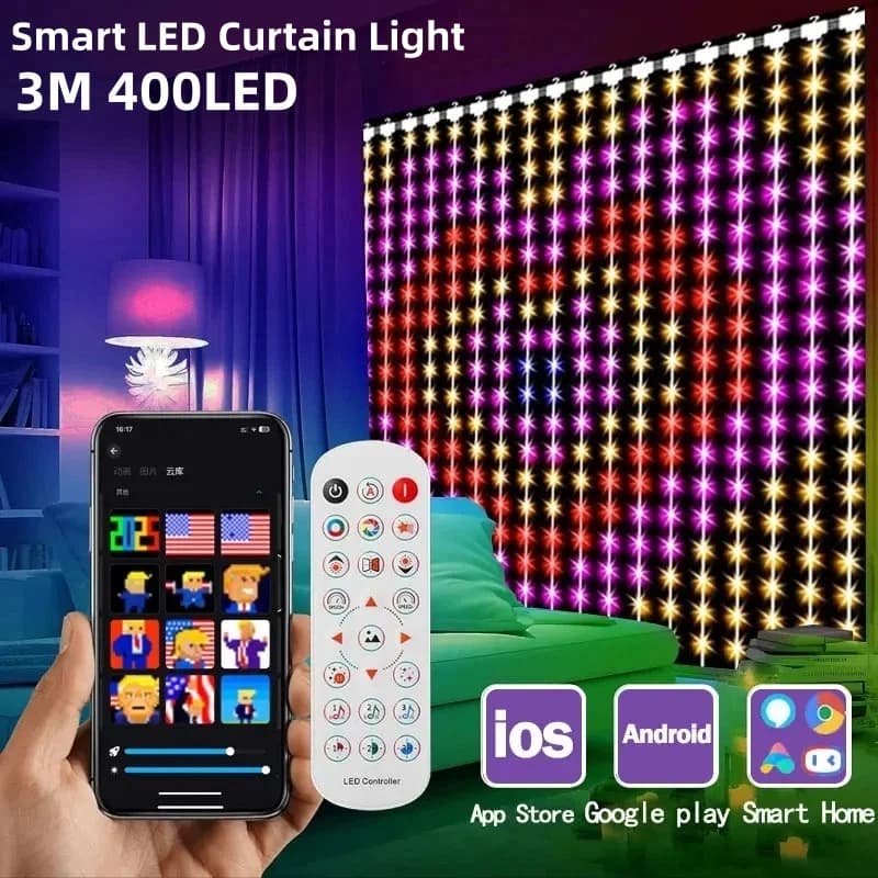 400LED Smart Curtain Lights Bluetooth App Remote Control DIY Pattern Music Fairy Light Window Bedroom Christmas Holiday Decor
