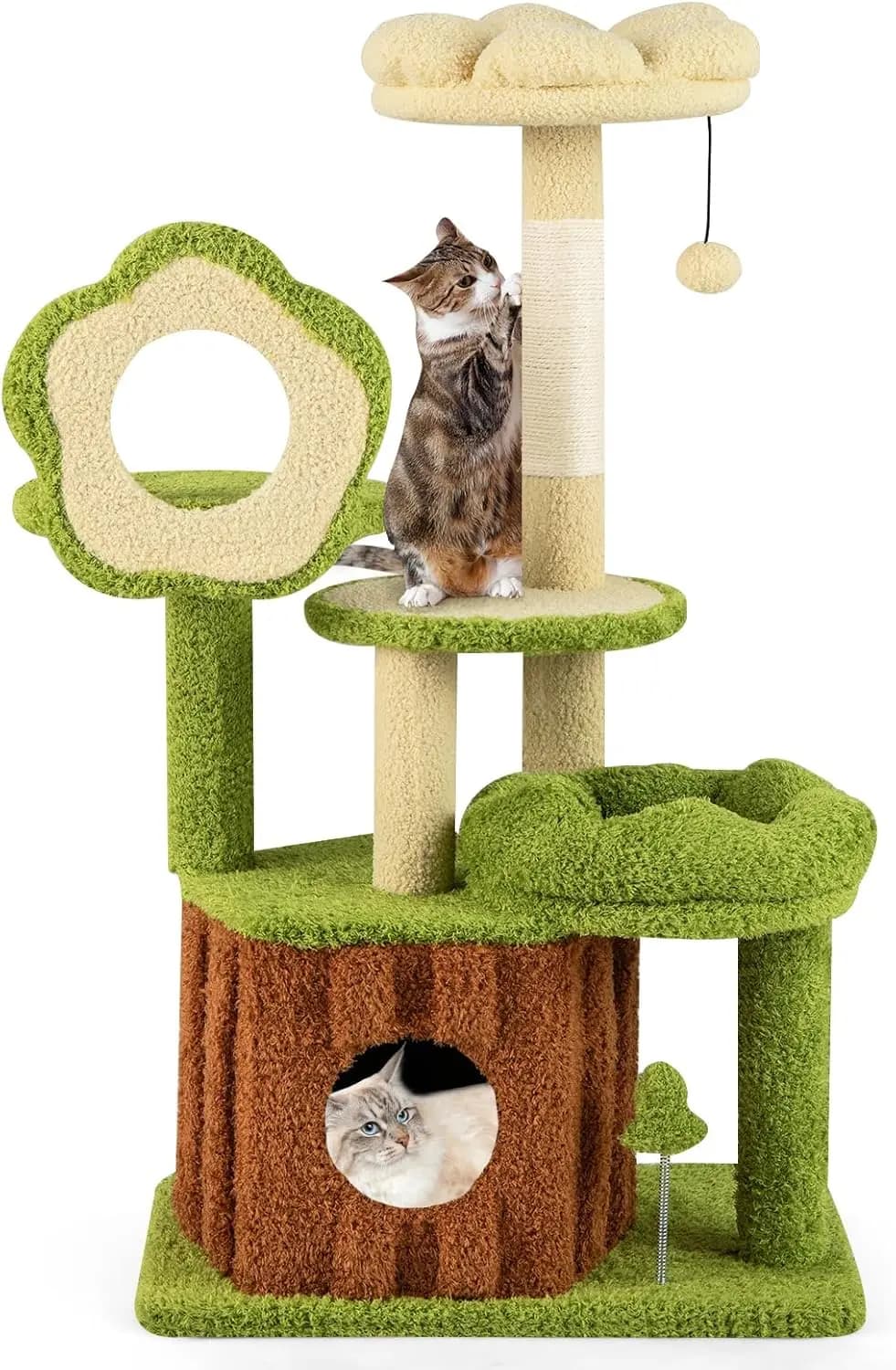 Albero per Gatti a Tema Foresta per Gatti Piccoli e Medi, in Sisal, Alto 100 cm, con Cuccia, Pallina Pendente e Giocattolo a Molla