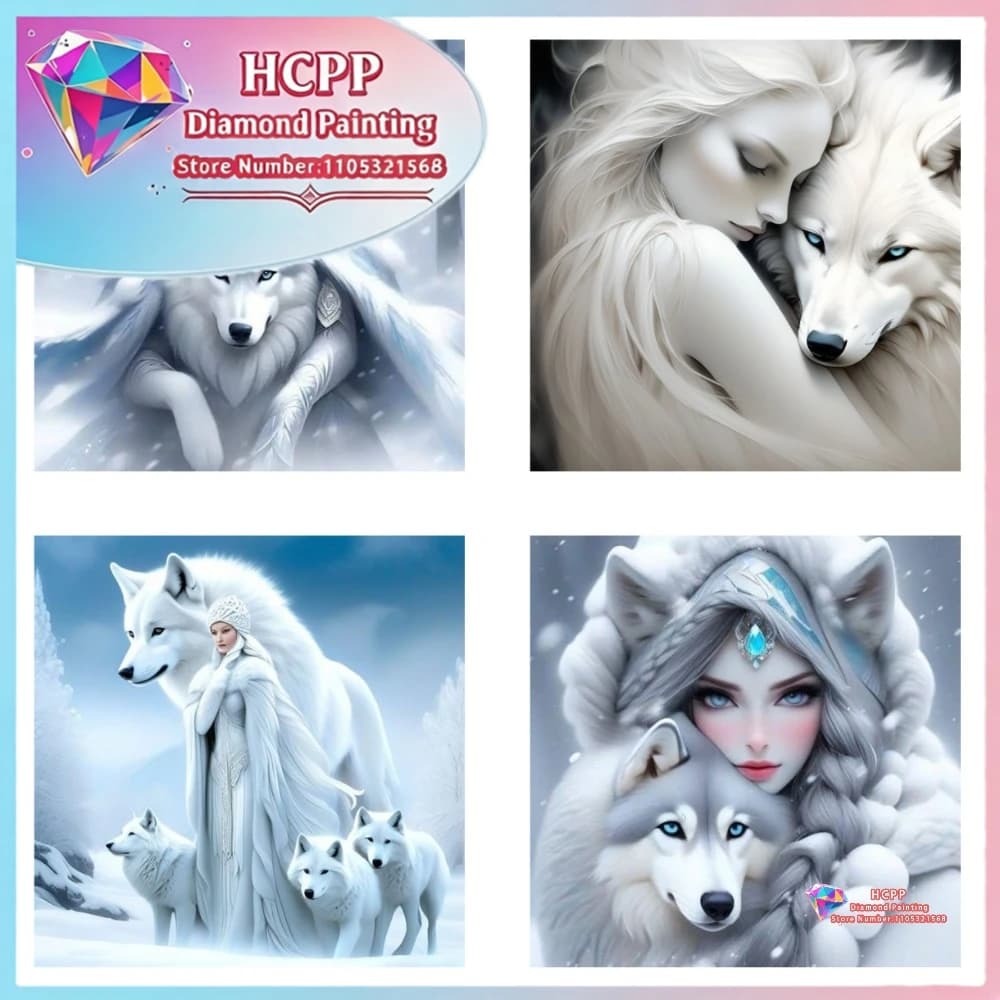 Kit Pittura Diamante Donna e Lupo Bianco, Diamanti Quadrati e Rotondi 5D, Mosaico Fai da Te, Arte Artigianale, Regalo Unico ed Esclusivo, Decorazione per la Casa