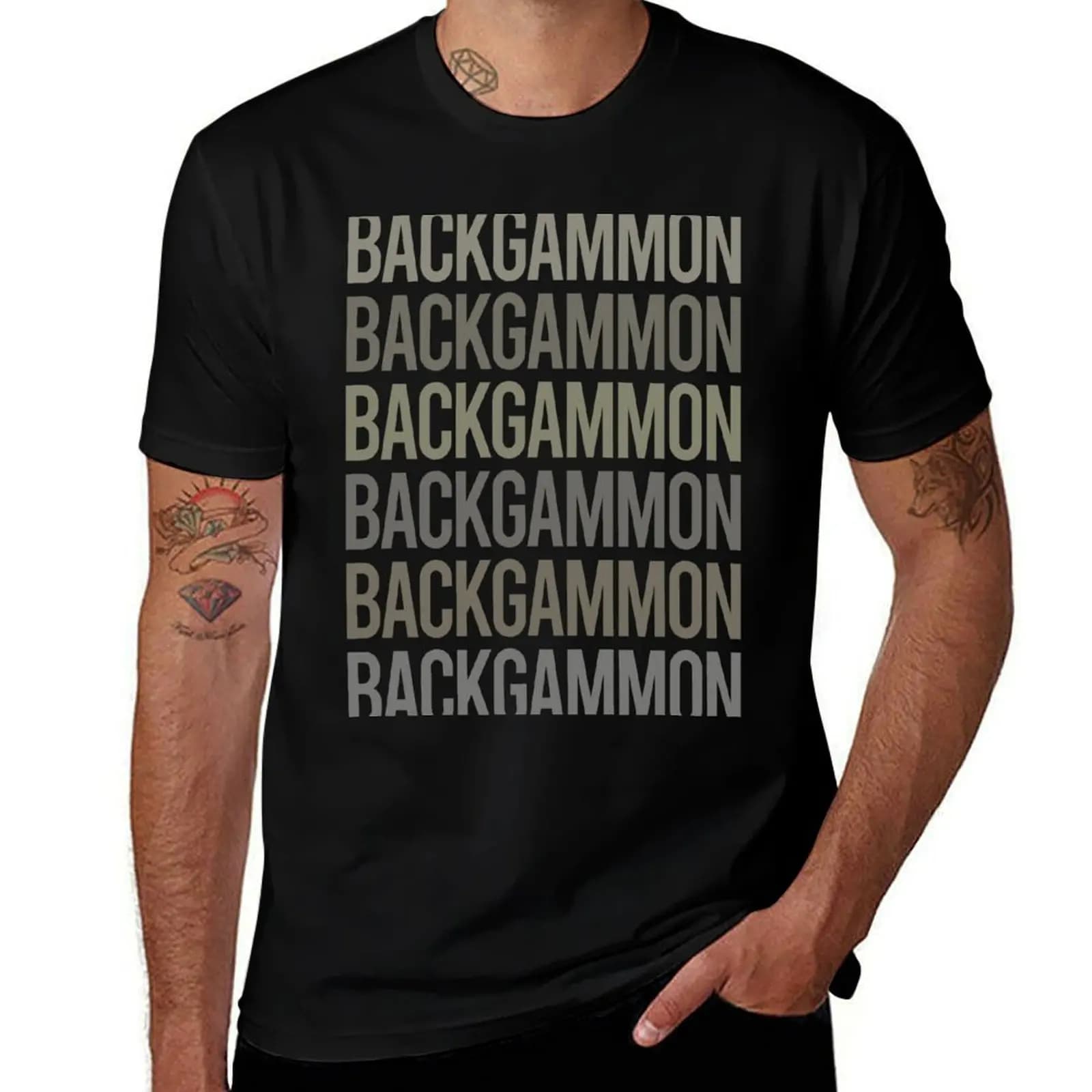 T-shirt grigia con stampa artistica Backgammon, top basic a maniche corte per tutti gli abbinamenti