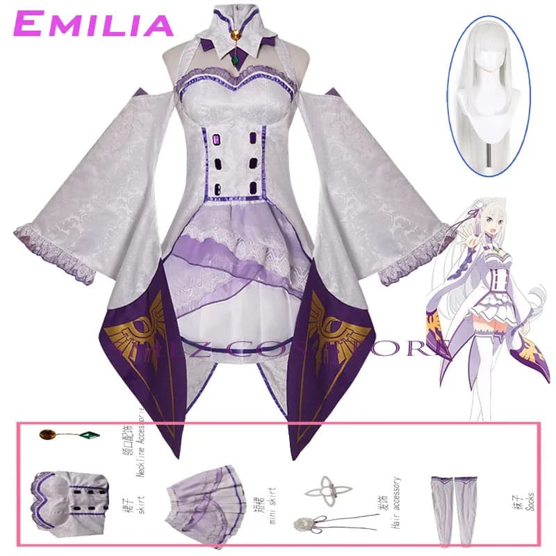 Emilia Cosplay Anime Re Zero Kara Hajimeru Isekai Seikatsu Costumes White Uniform Dress Wig Set Halloween Party Outfit for Woman