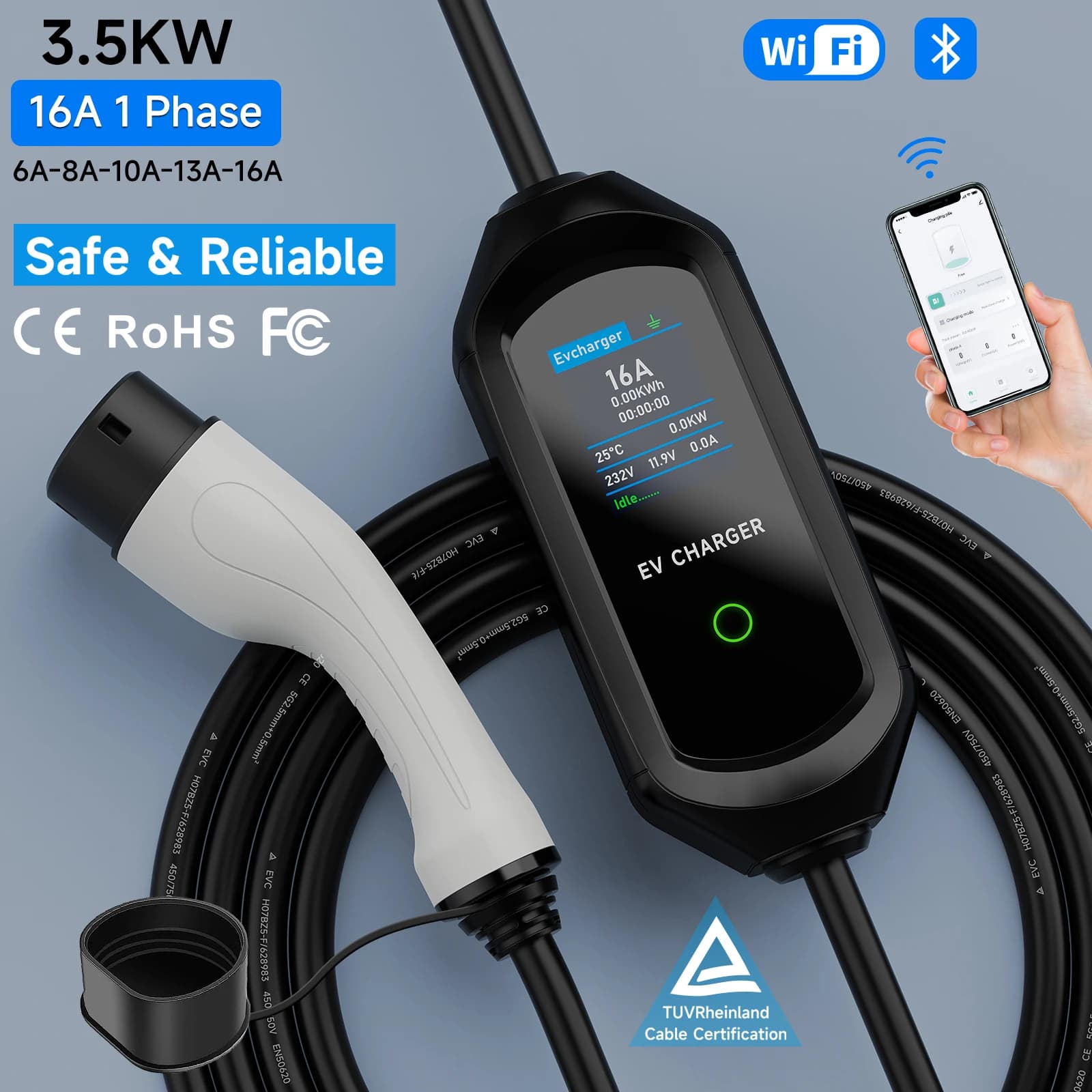 Caricatore EV portatile 3.5KW Type2 IEC62196-2 16A Type1 SAE J1772 EVSE Cavo di ricarica veloce GB/T Wallbox WiFi APP Controllo Bluetooth