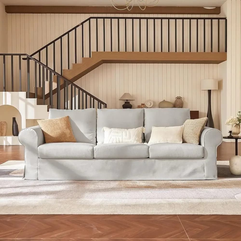 3-Seater Comfortable Slipcover Sofa with Rolled Arms, High Back Support, Removable Washable Covers - Grey