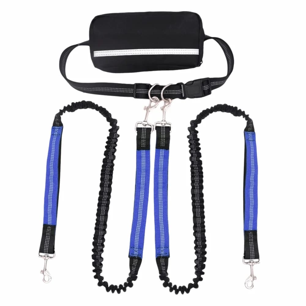 Guinzaglio Doppio Regolabile per Cani con Tasca, Cuciture Riflettenti, Cintura Portaoggetti, Doppio Guinzaglio per 2 Cani, Cinghia Elastica con Doppi Bungee