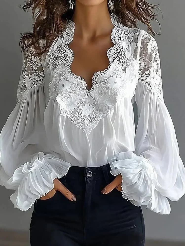 Elegant and sexy Solid Color Women's blouse with V-neck and lantern sleeves in lace, plain chic office shirt for women