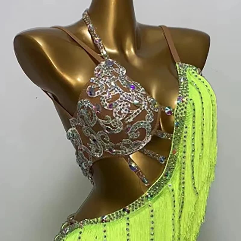 Concorso di danza latina Gonna da ballo con nappe personalizzata di fascia alta da donna Bretelle Cha Cha Samba Performance Abito con strass