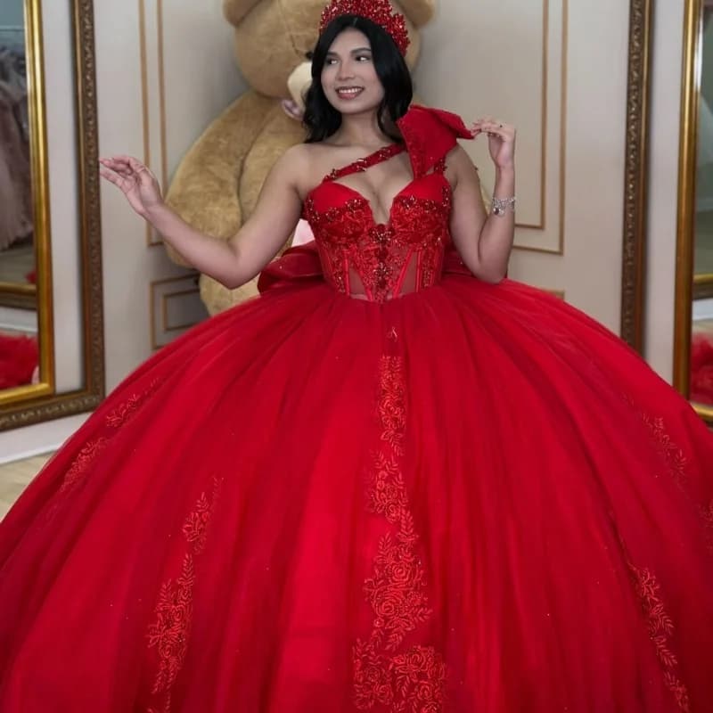 Red Quinceanera Dres Glitter Crystal Decal Tull Layering Ruffle Long Tail off-shoulder Bow Vestidos De 15 Quinceanera Customize