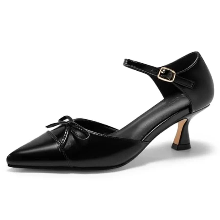 Scarpe da Donna Coutgo con Tacco Basso e Fiocco, Punta Chiusa, Cinturino alla Caviglia, Modello D'Orsay