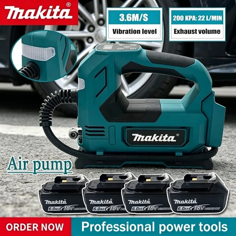 Pompa ad aria senza fili Makita per auto e moto: Gonfiatore portatile per pneumatici con display digitale, utensile elettrico