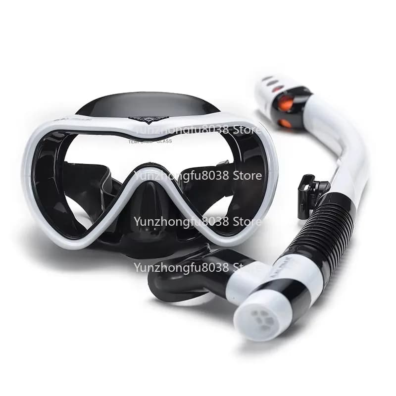 Set underwater mask for adults, tempered anti-fog glass, silicone spray nozzle with purge valve, for swimming and snorkeling
