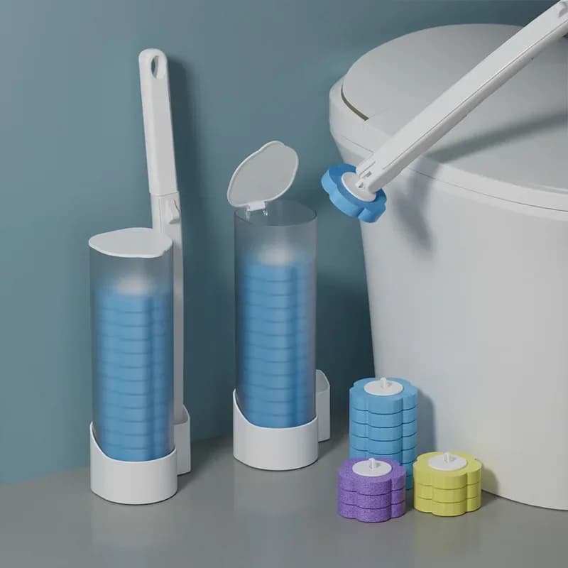 Spazzola per WC monouso da parete con 6 testine di ricambio, accessorio per la pulizia del bagno con manico lungo