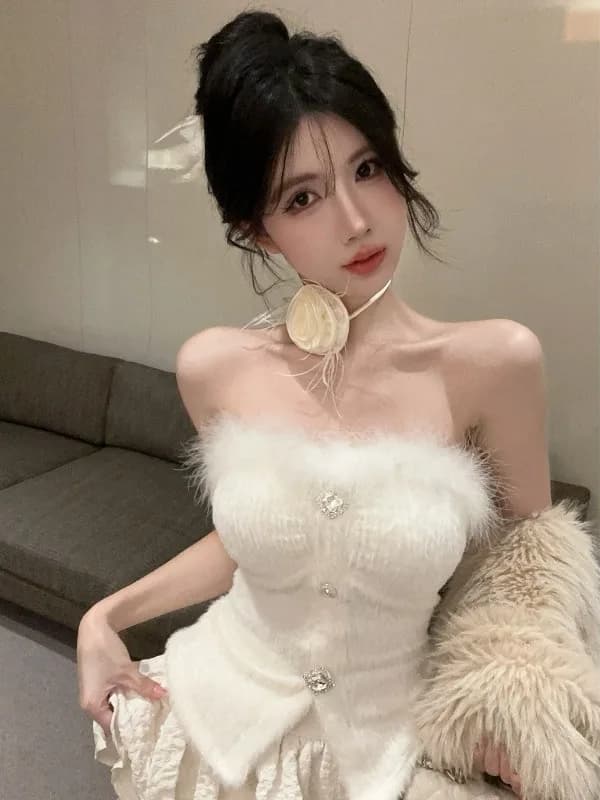 Pure Desire Spicy Girl Patchwork Tube Top Inner Wear Vest Waist Cinch Chest Wrap Knot Cake Skirt Two Piece Set